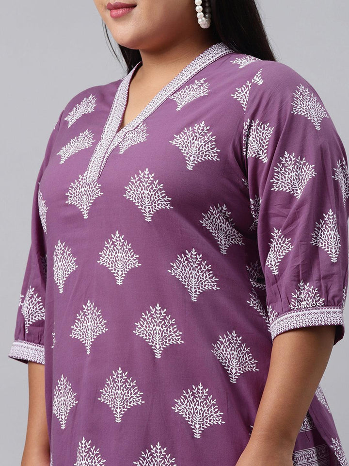 Plus Size Purple Printed Cotton Kurta