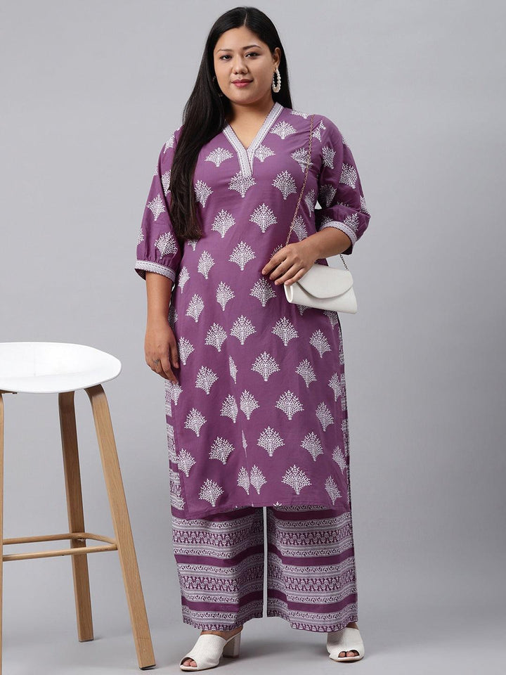 Plus Size Purple Printed Cotton Kurta