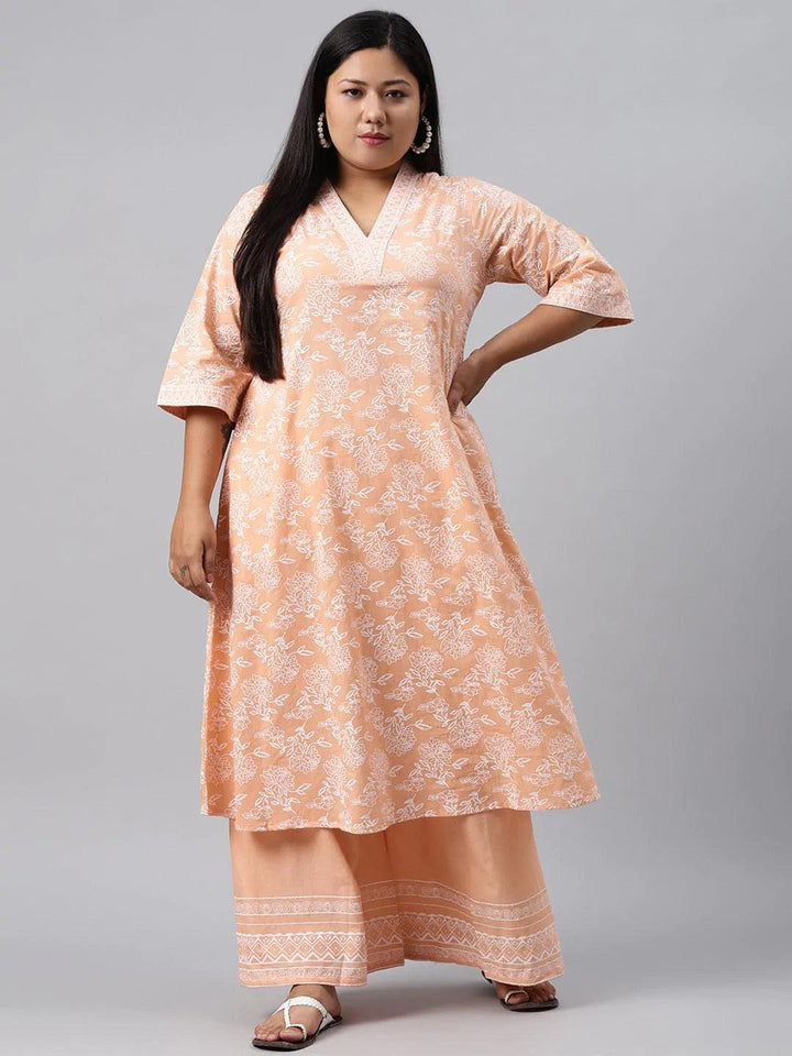Plus Size Peach Printed Cotton Kurta