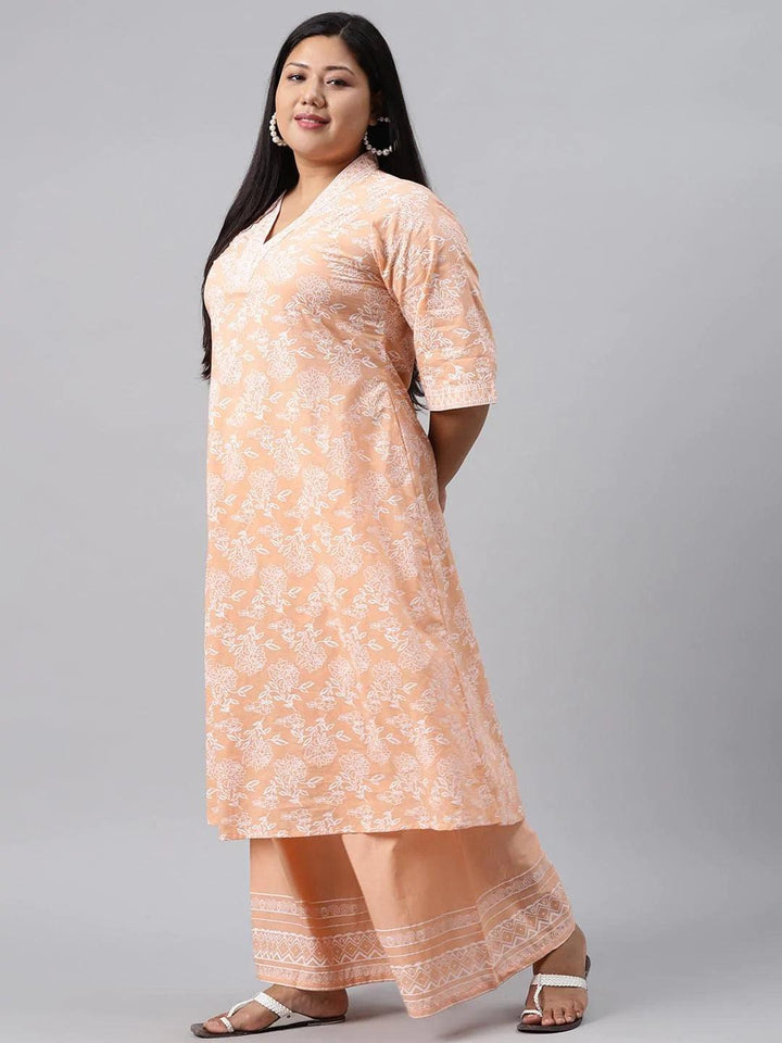 Plus Size Peach Printed Cotton Kurta