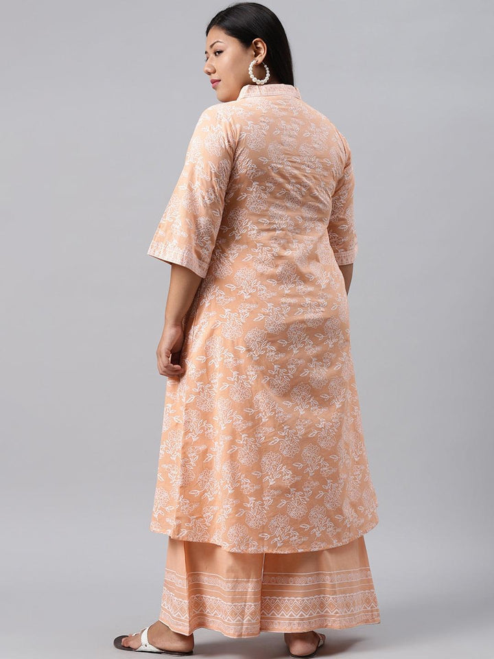 Plus Size Peach Printed Cotton Kurta