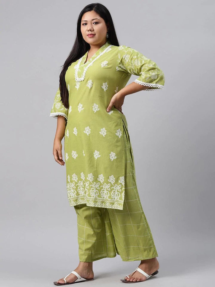 Plus Size Green Printed Cotton Kurta