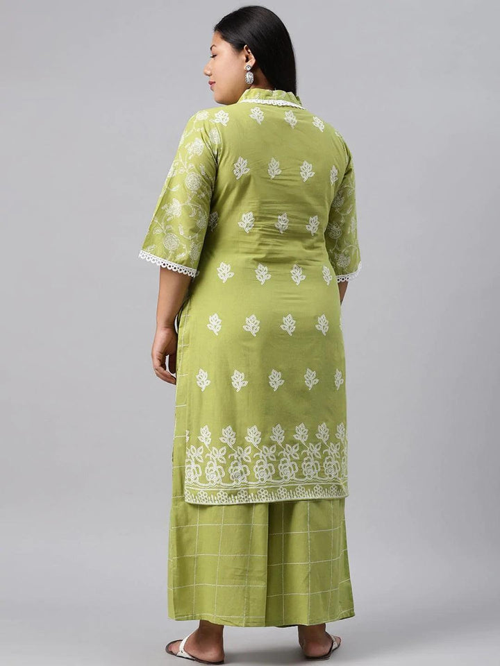 Plus Size Green Printed Cotton Kurta