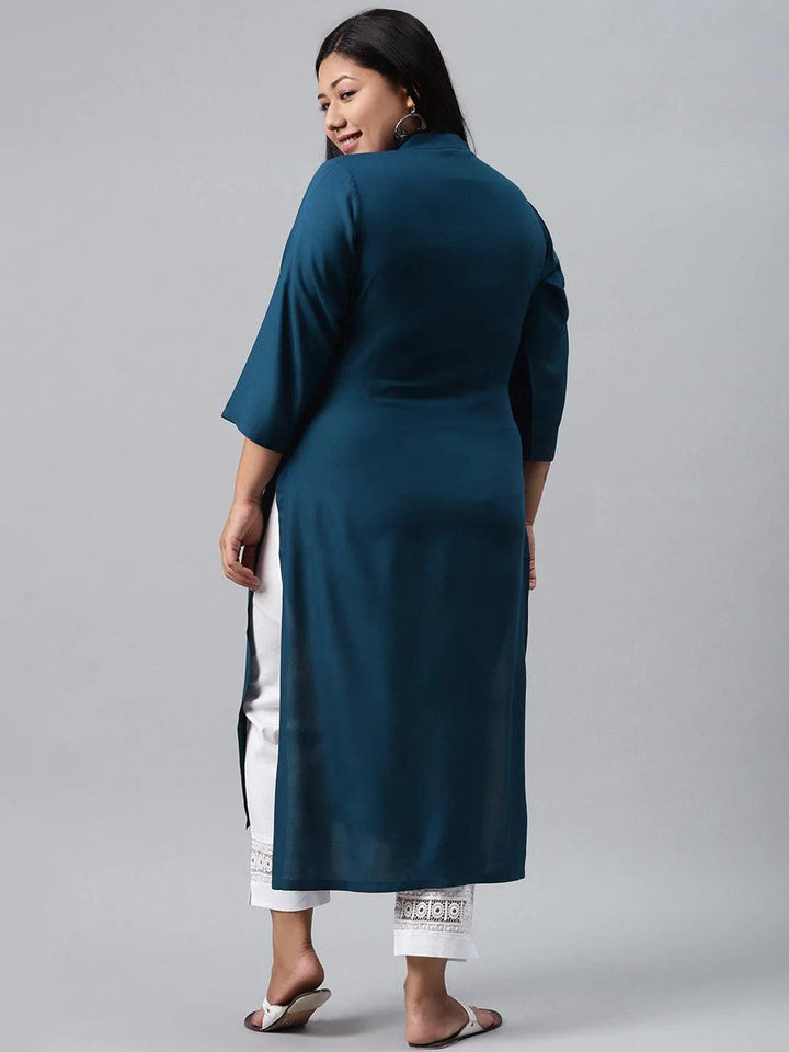 Plus Size Blue Solid  Rayon Kurta