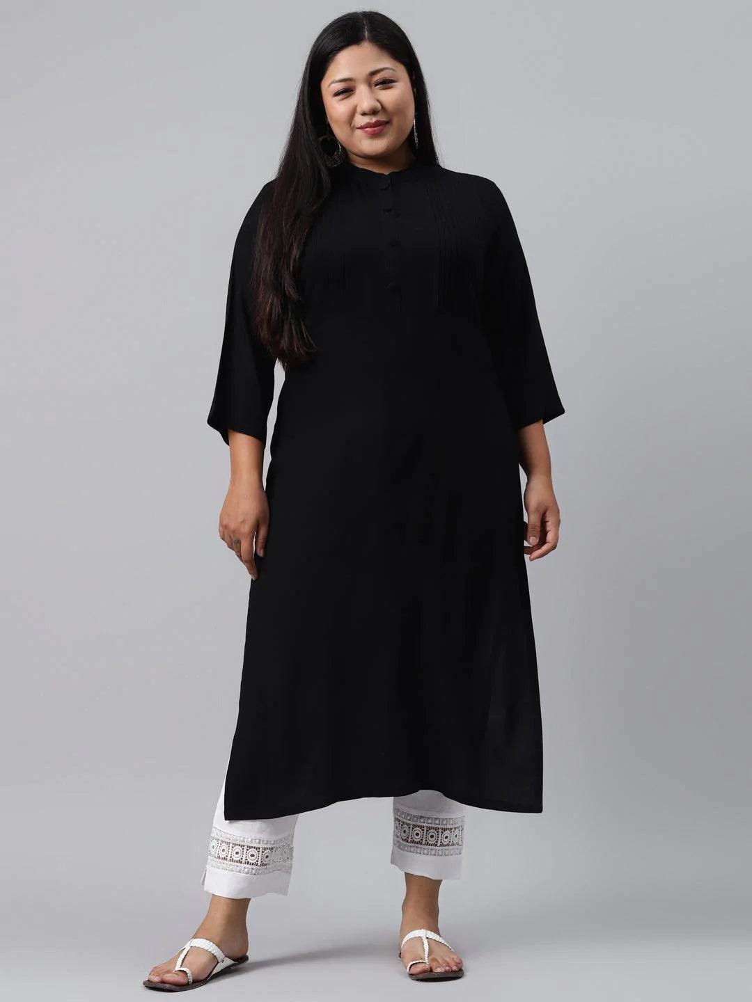 Plus Size Black Solid Rayon Kurta - ShopLibas