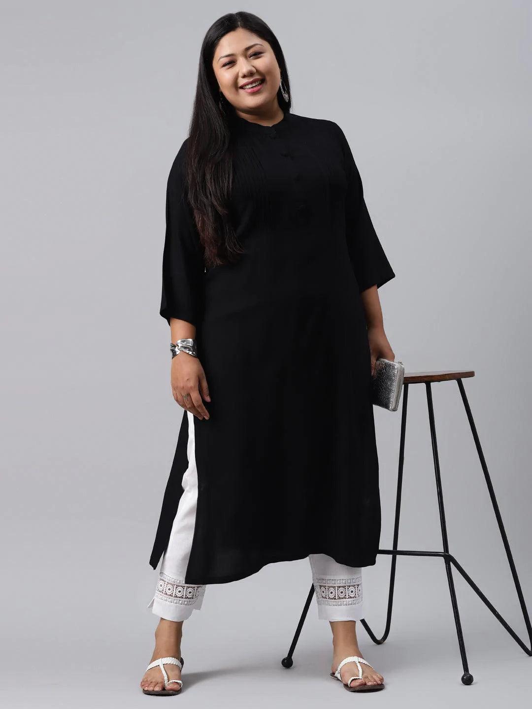 Plus Size Black Solid Rayon Kurta - ShopLibas