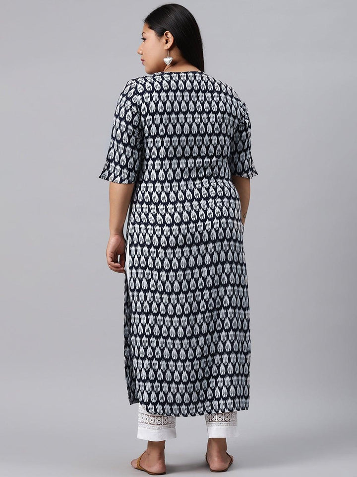 Plus Size Blue Printed Rayon Kurta