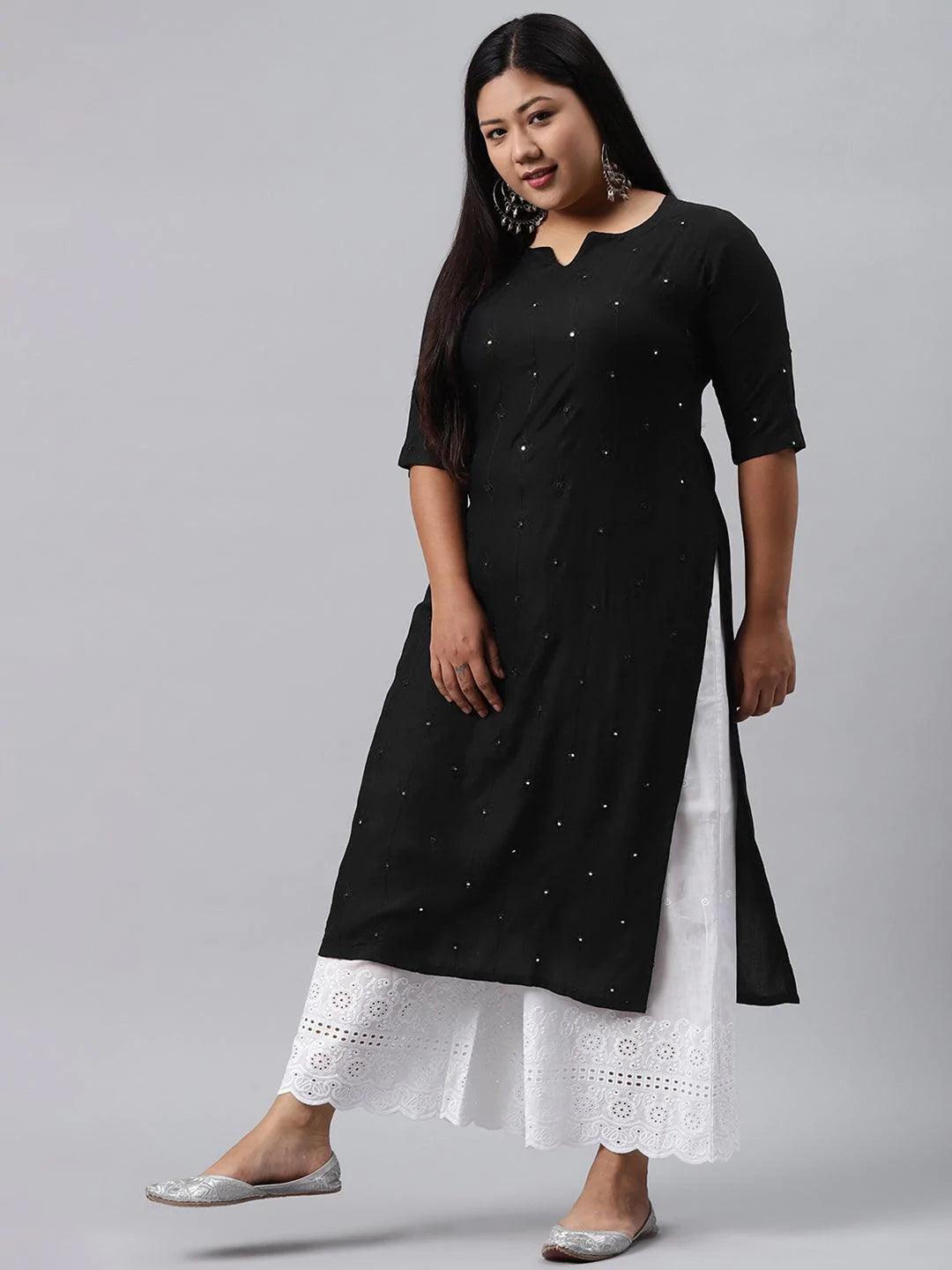 Plus Size Black Embroidered Rayon Kurta - ShopLibas