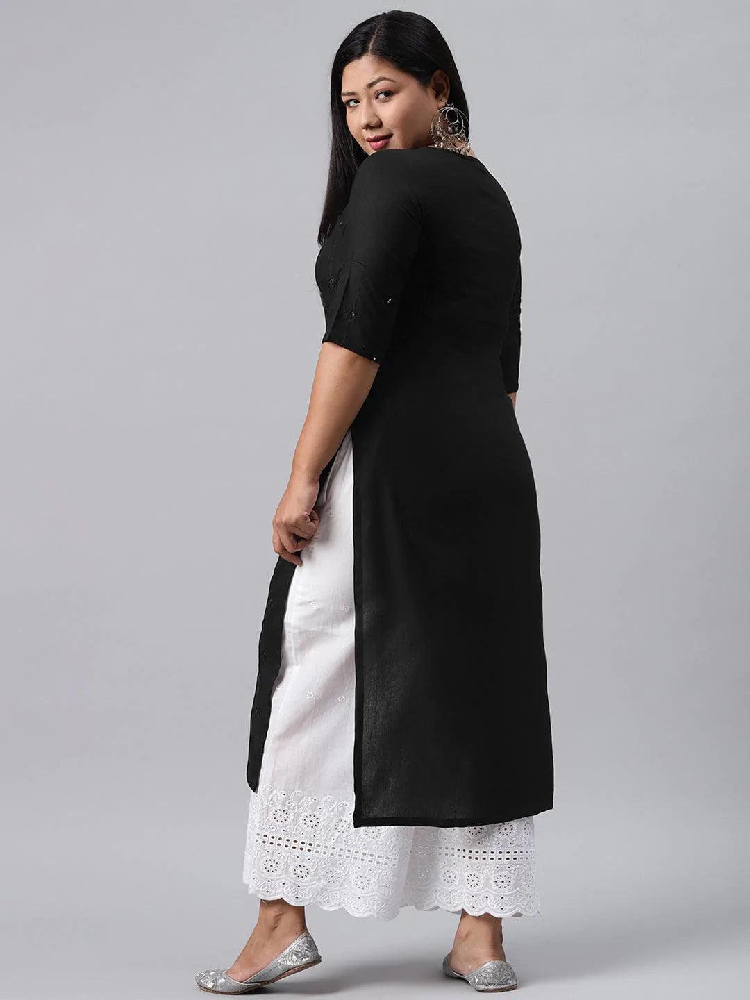 Plus Size Black Embroidered Rayon Kurta - ShopLibas