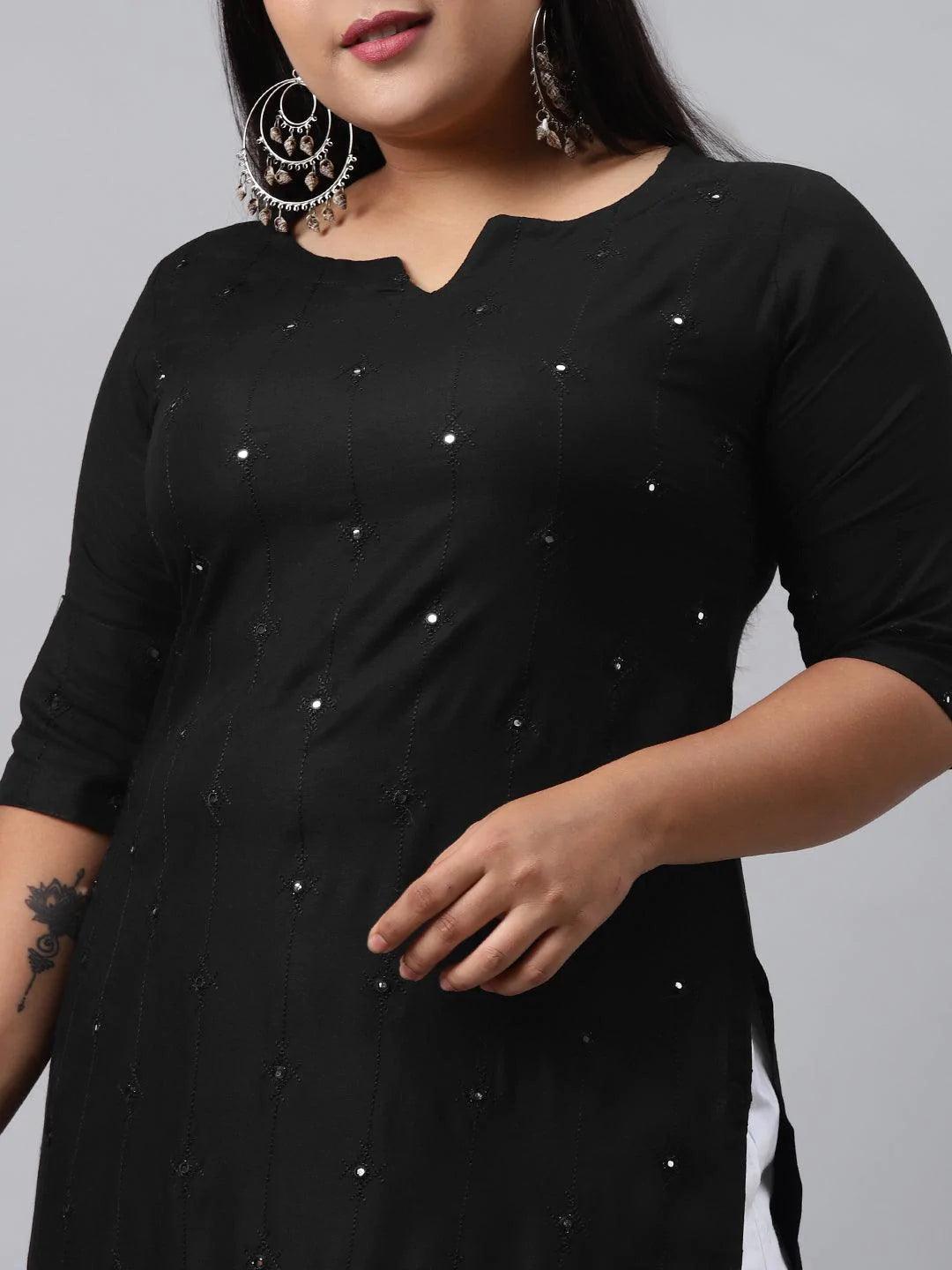 Plus Size Black Embroidered Rayon Kurta - ShopLibas