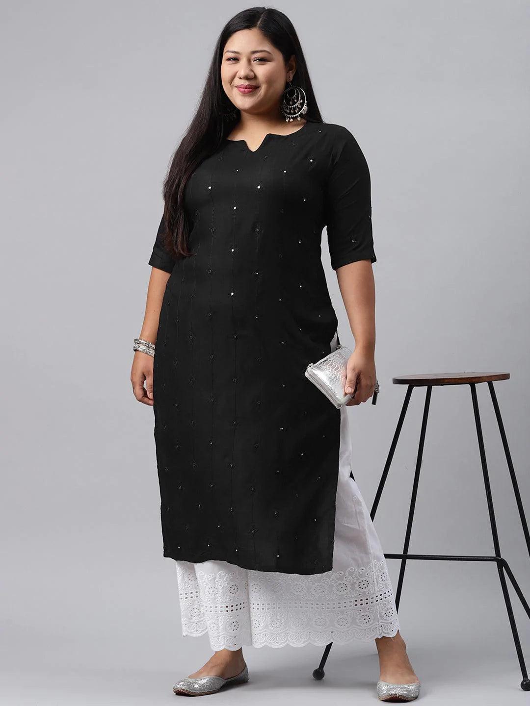 Plus Size Black Embroidered Rayon Kurta - ShopLibas