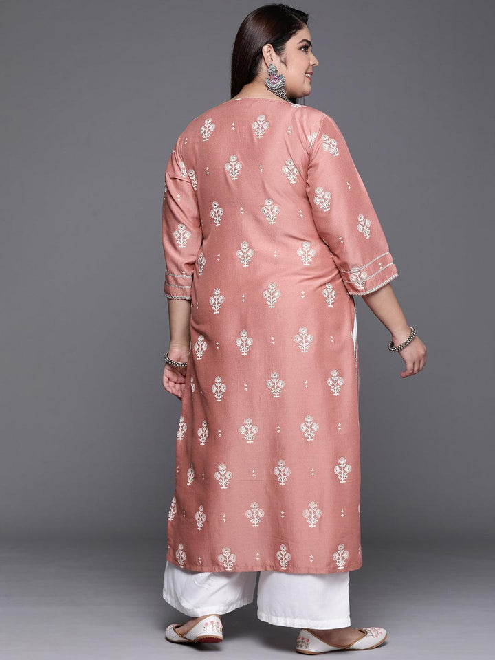 Plus Size Pink Silk Printed Straight Kurta