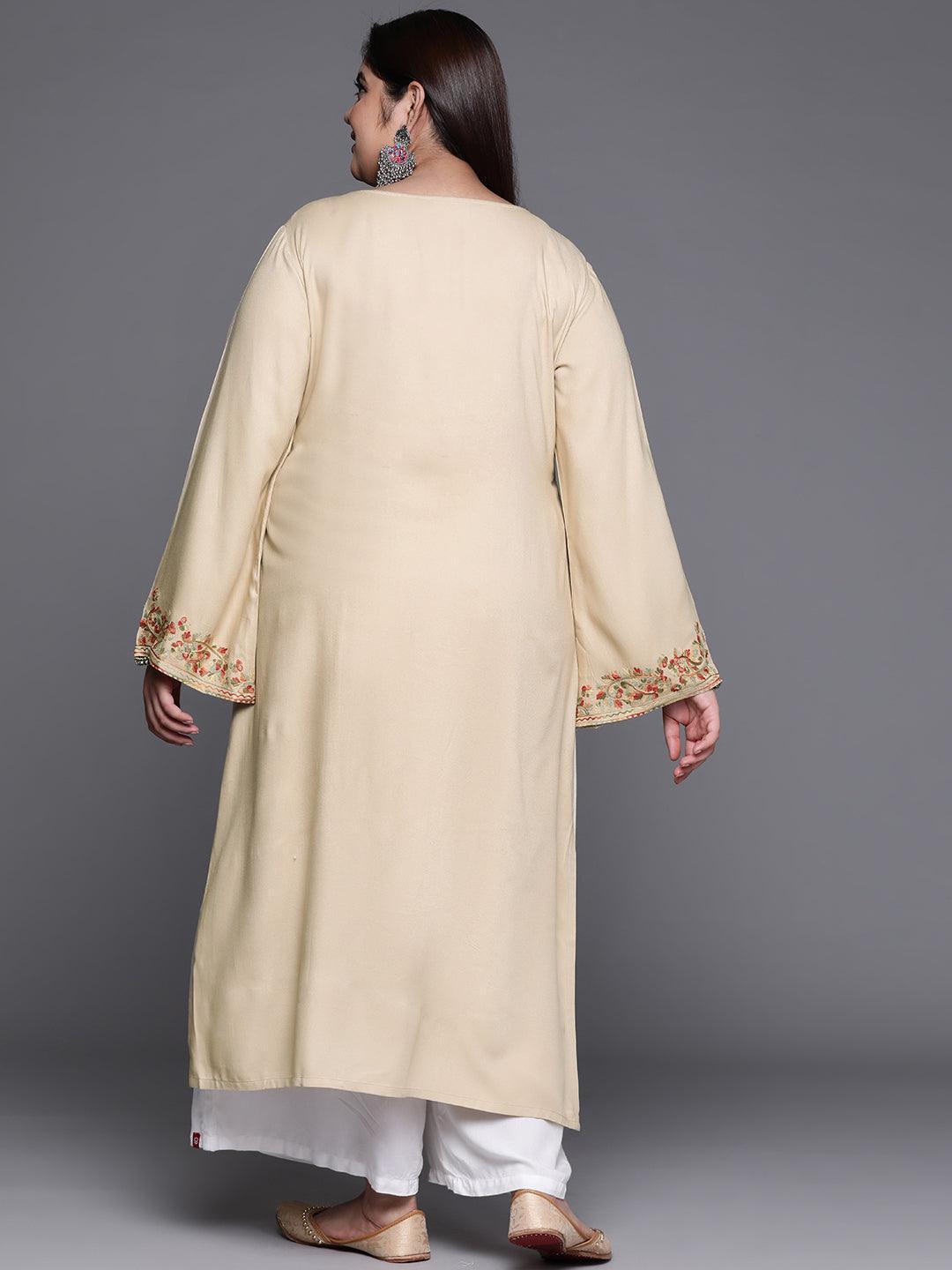 Plus Size Beige Embroidered Wool Kurta - ShopLibas