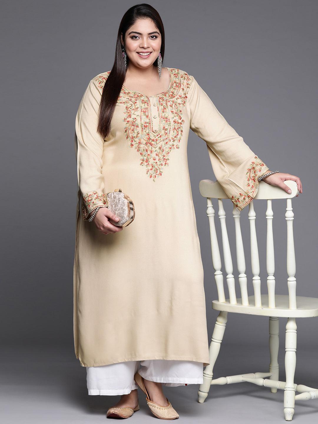 Plus Size Beige Embroidered Wool Kurta - ShopLibas