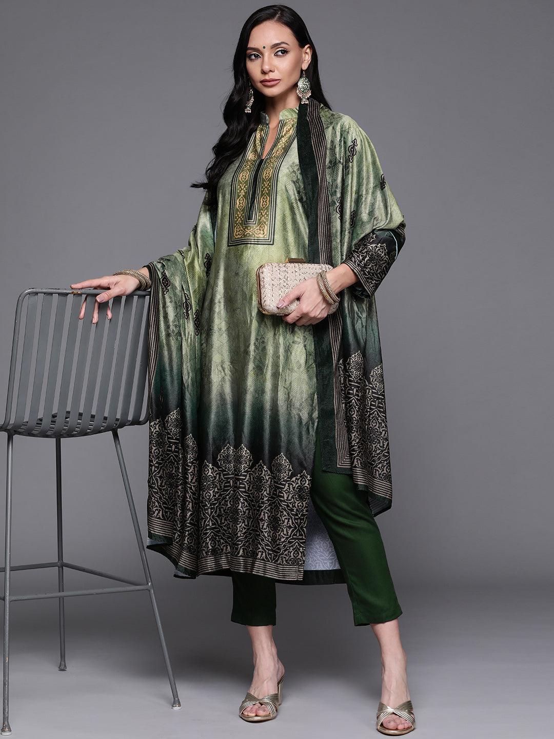 Green Printed Velvet Suit Set - ShopLibas