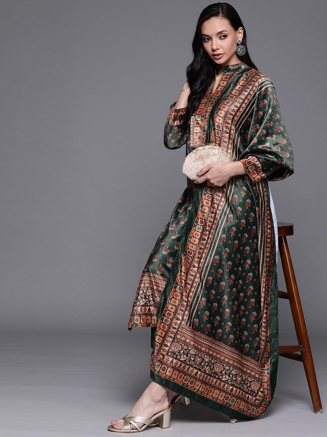 Green Printed Velvet Suit Set - ShopLibas