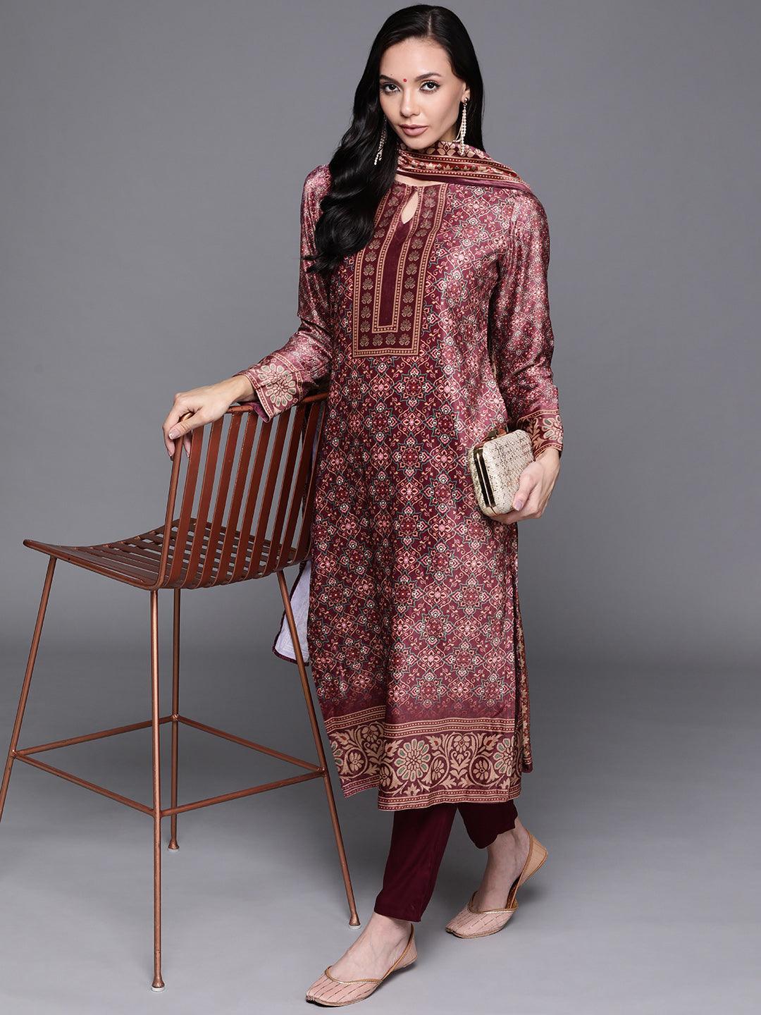 Brown Printed Velvet Suit Set - ShopLibas