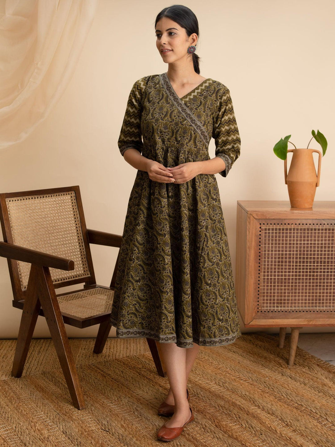 Olive Green Printed Cotton Dress - ShopLibas