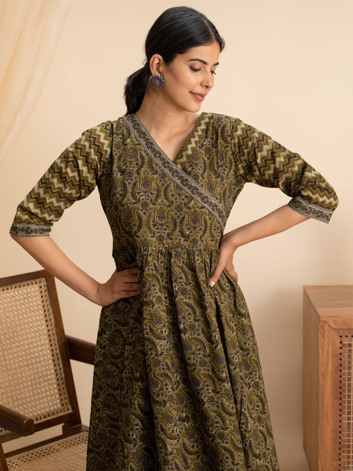 Olive Green Printed Cotton Dress