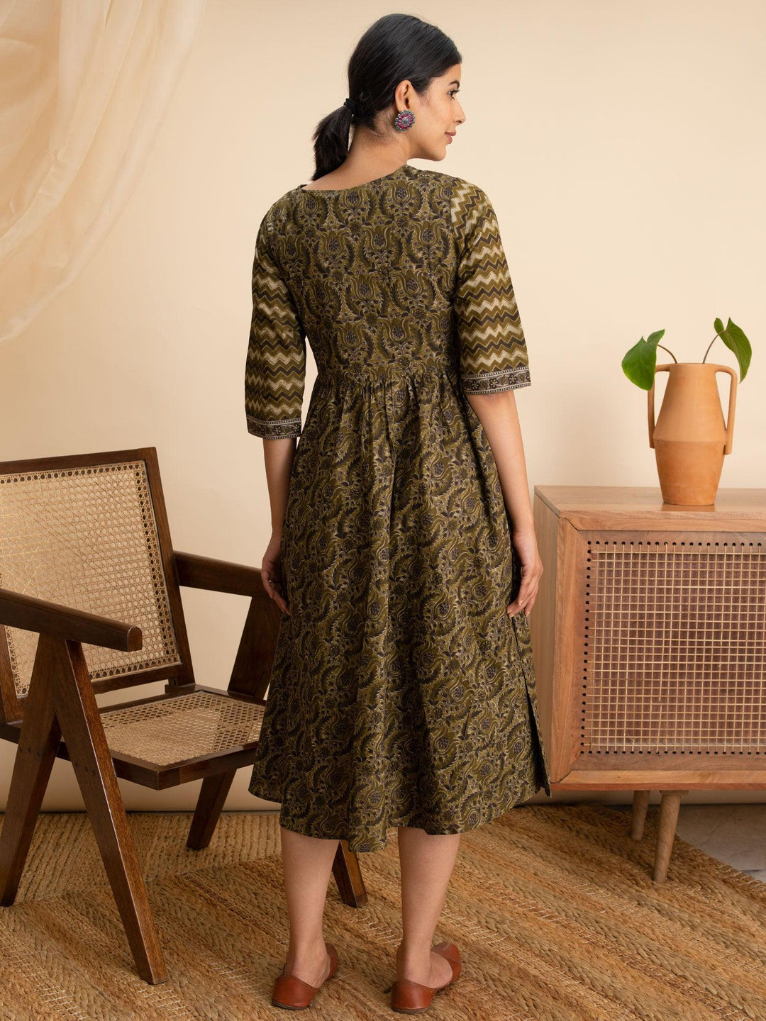 Olive Green Printed Cotton Dress - ShopLibas