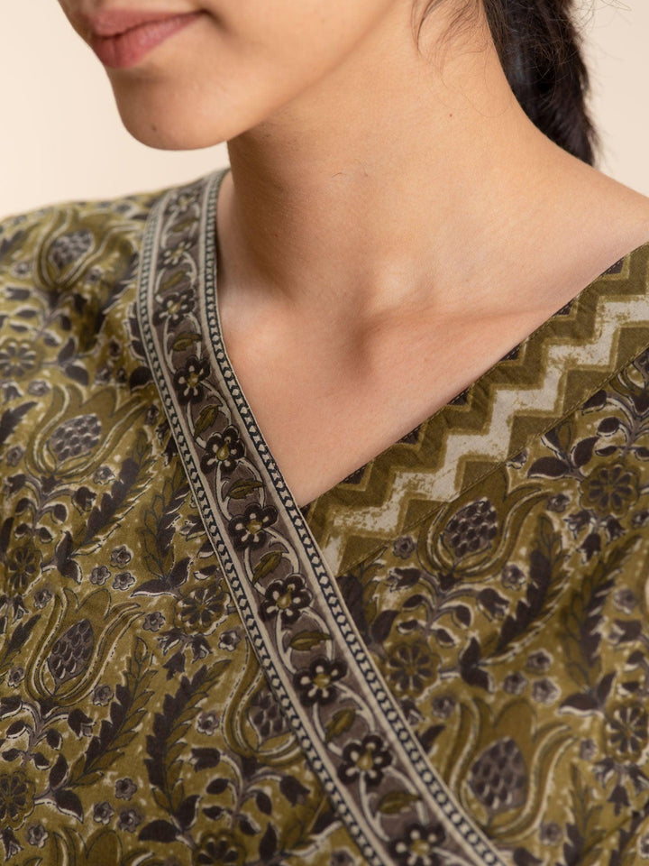 Olive Green Printed Cotton Dress