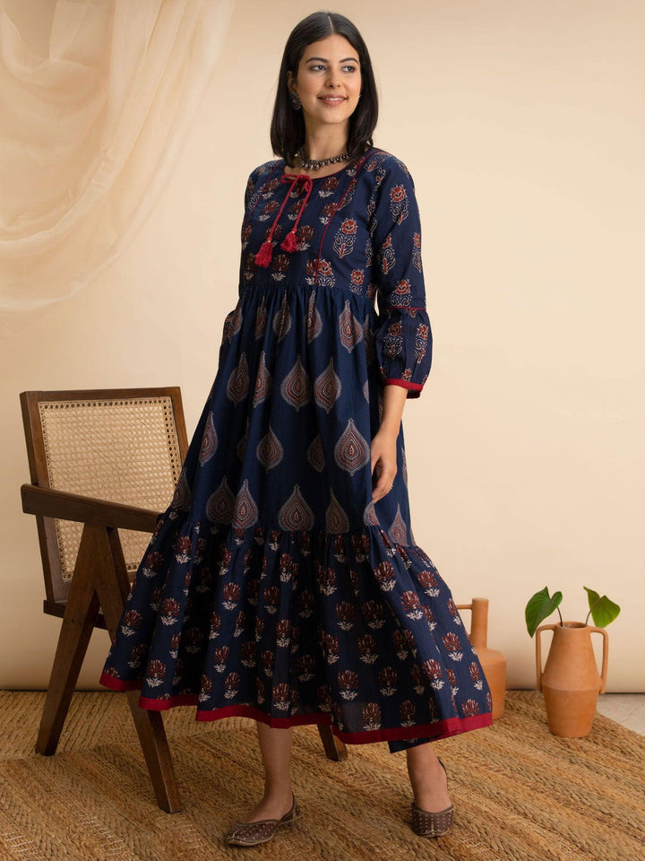 Navy Blue Printed Cotton Dress