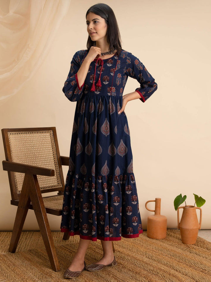Navy Blue Printed Cotton Dress
