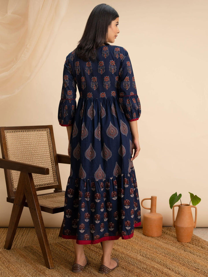 Navy Blue Printed Cotton Dress