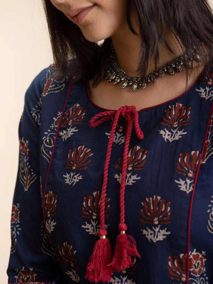 Navy Blue Printed Cotton Dress