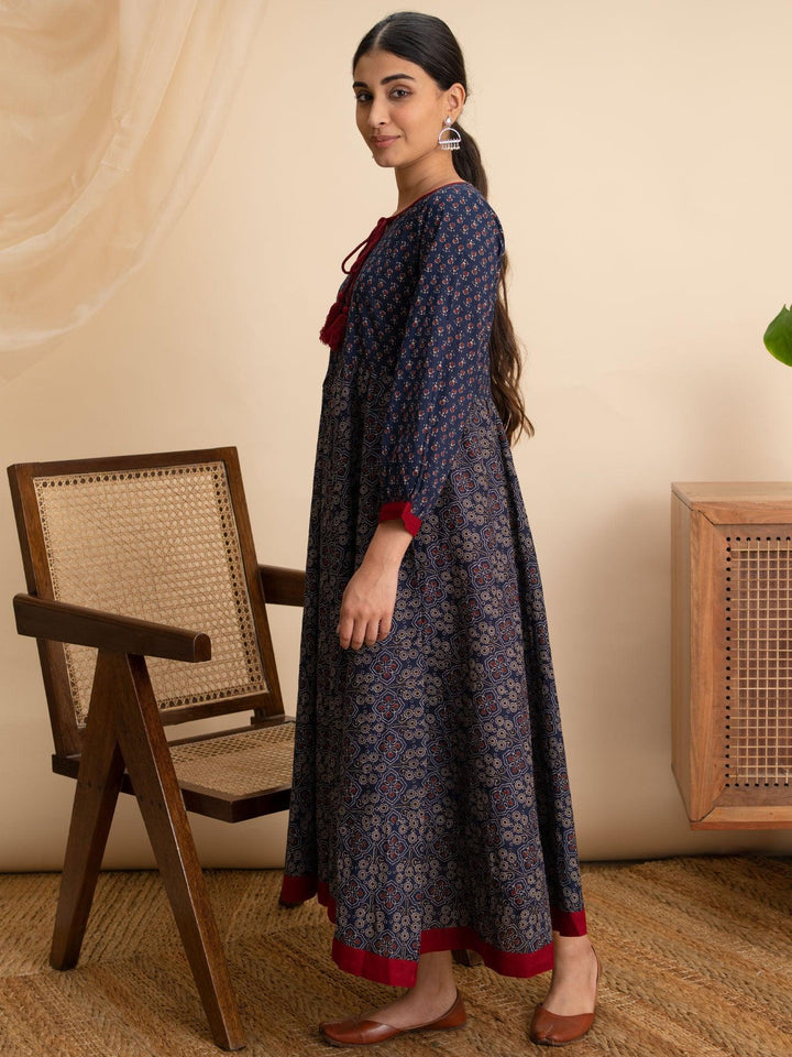 Navy Blue Printed Cotton Dress