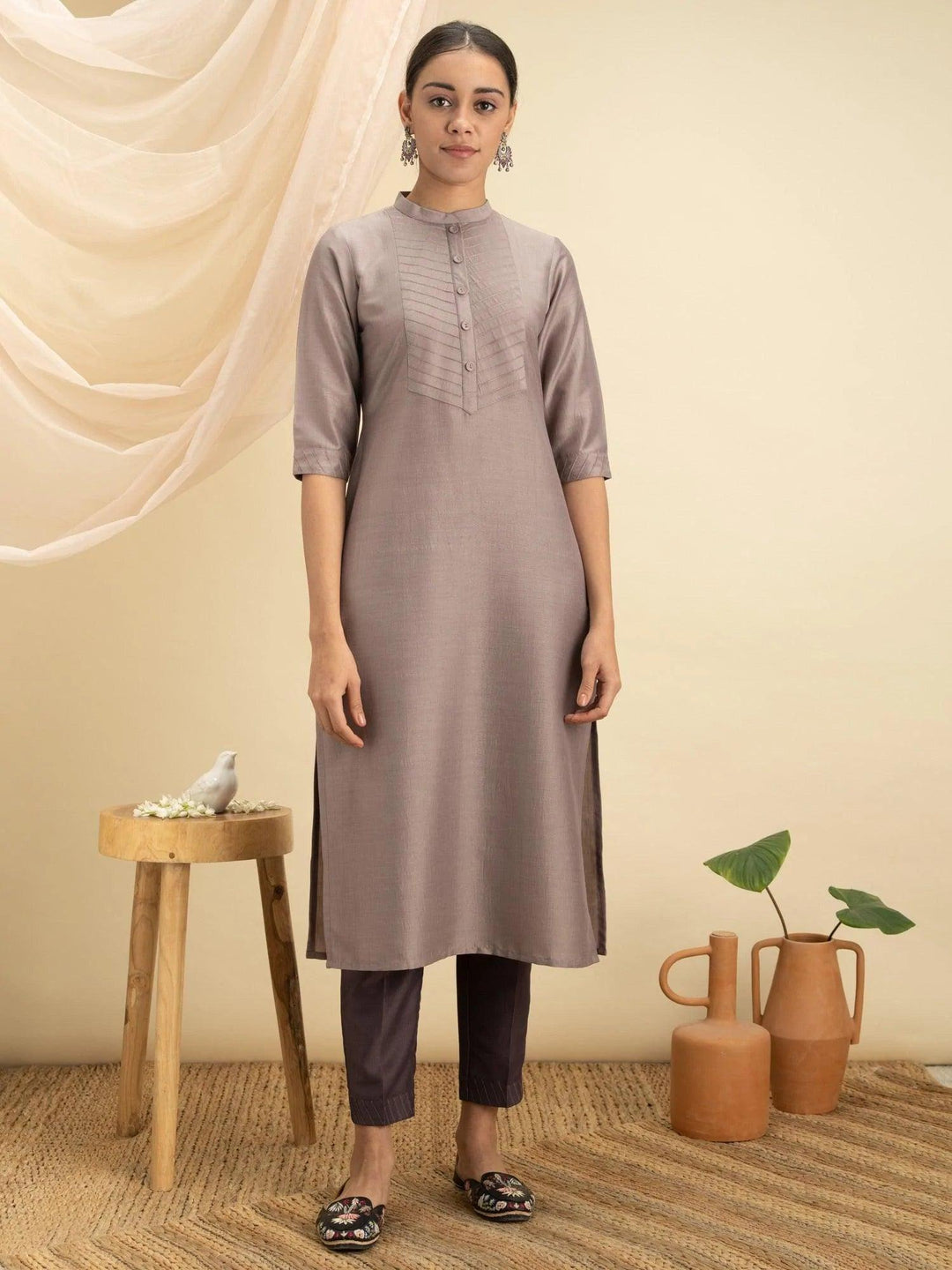 Grey Solid Silk Kurta - ShopLibas