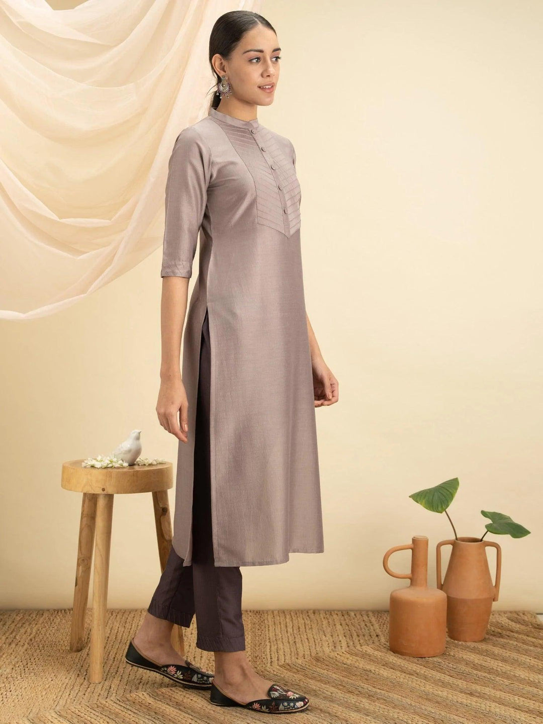 Grey Solid Silk Kurta - ShopLibas