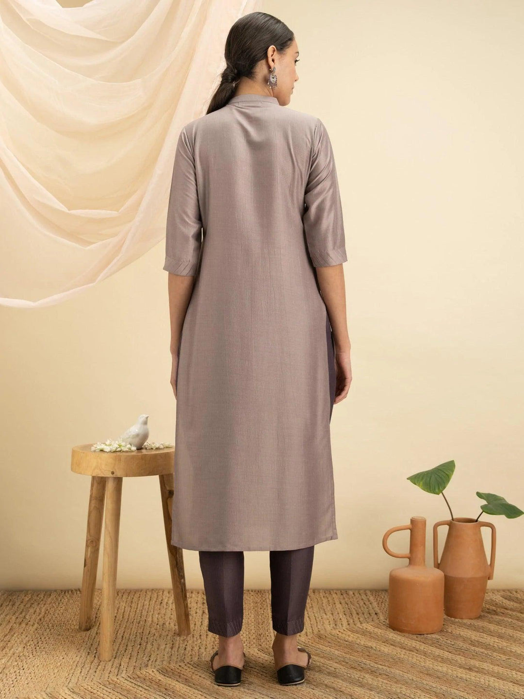 Grey Solid Silk Kurta - ShopLibas