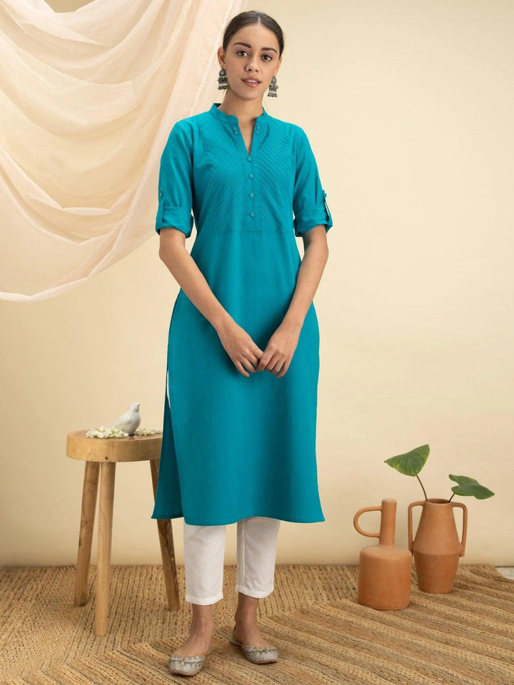 Blue Solid Cotton Kurta