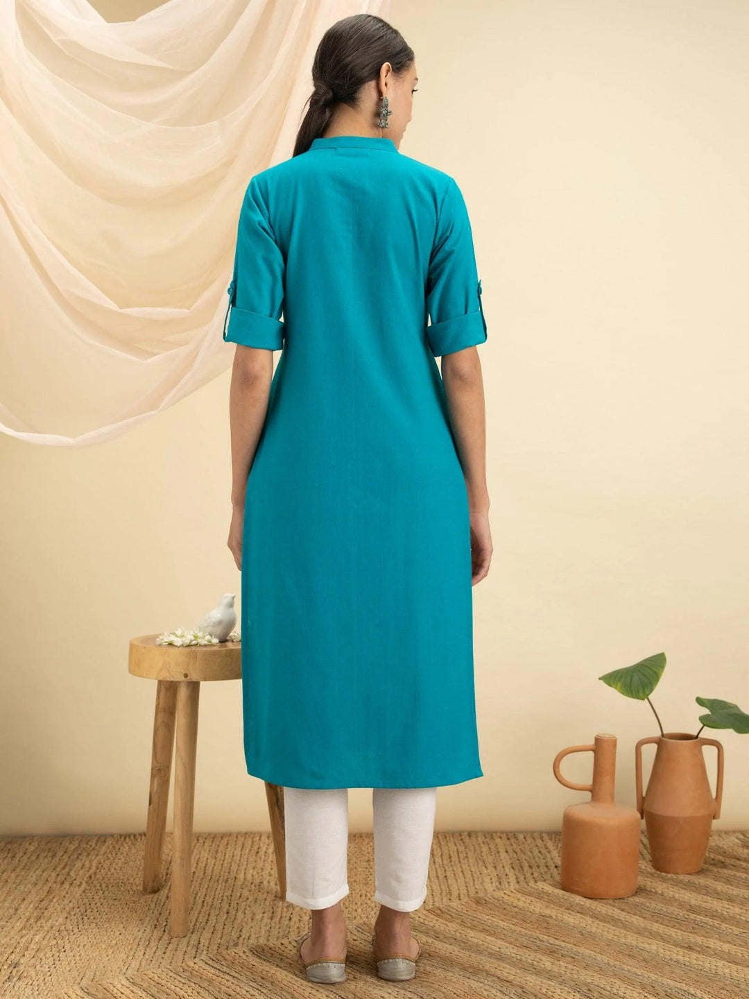 Blue Solid Cotton Kurta - ShopLibas