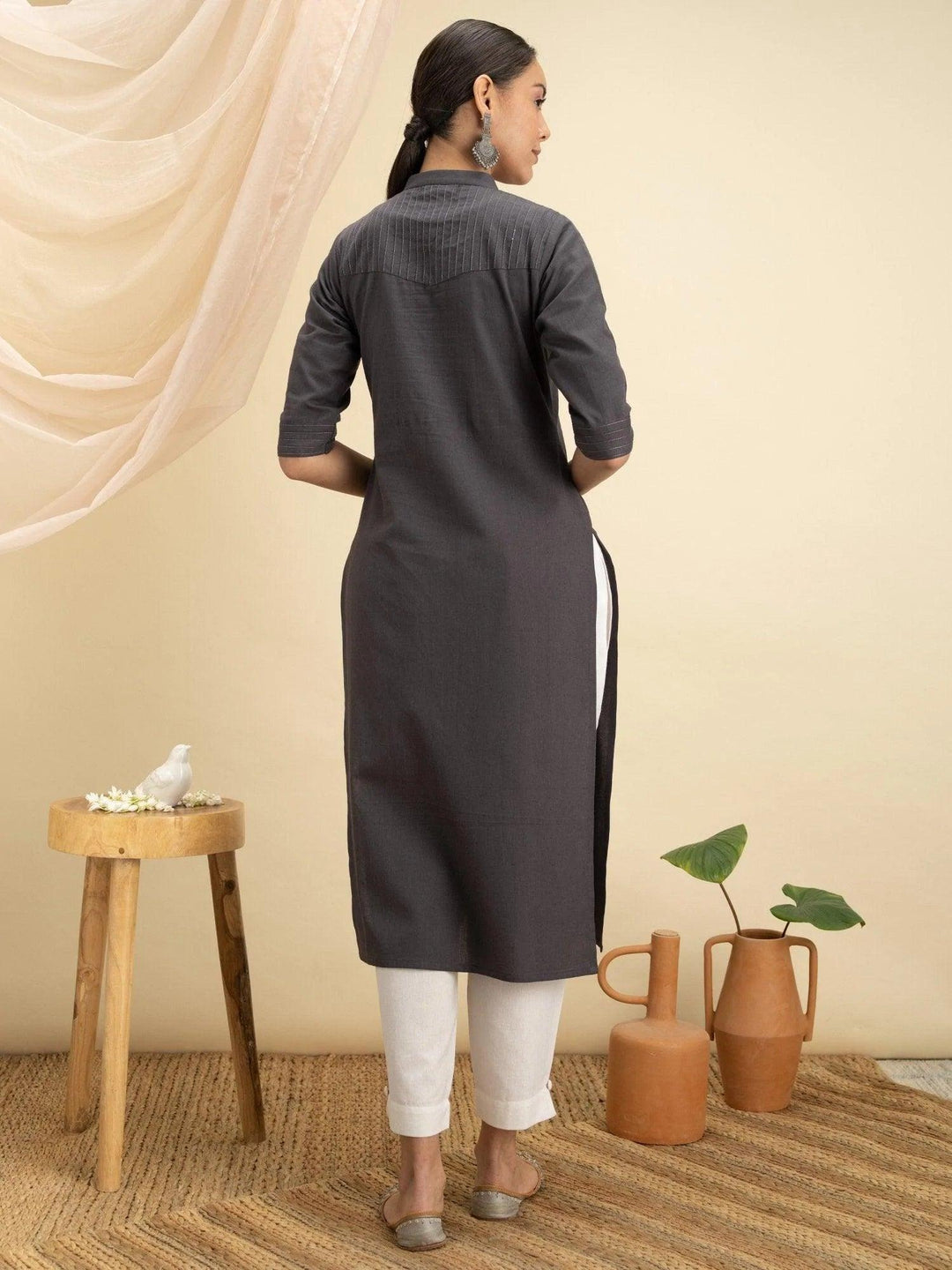 Grey Solid Cotton Kurta - ShopLibas