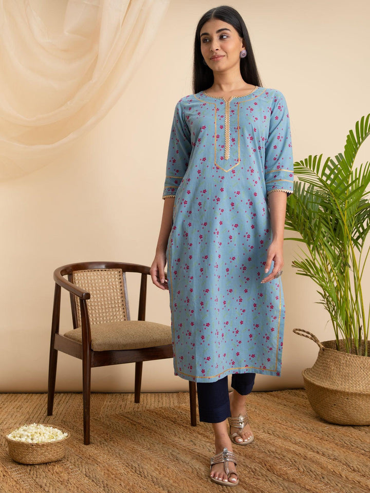 Blue Printed Cotton Kurta