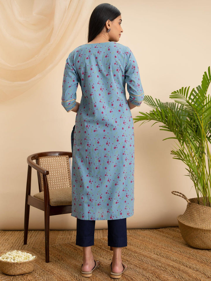 Blue Printed Cotton Kurta