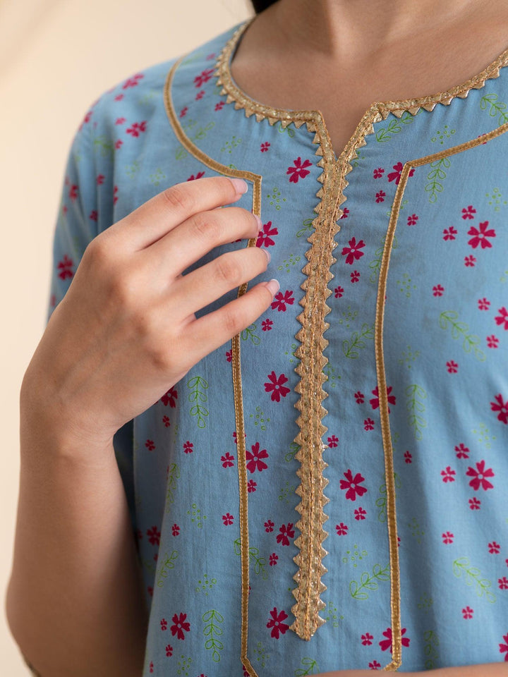 Blue Printed Cotton Kurta