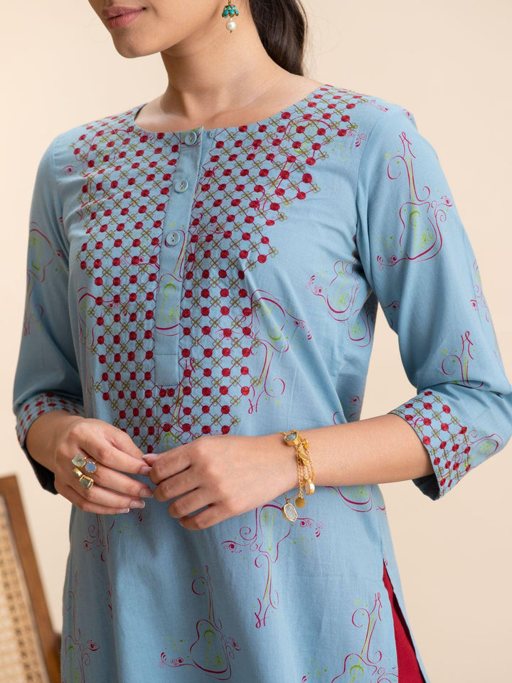 Blue Printed Cotton Kurta