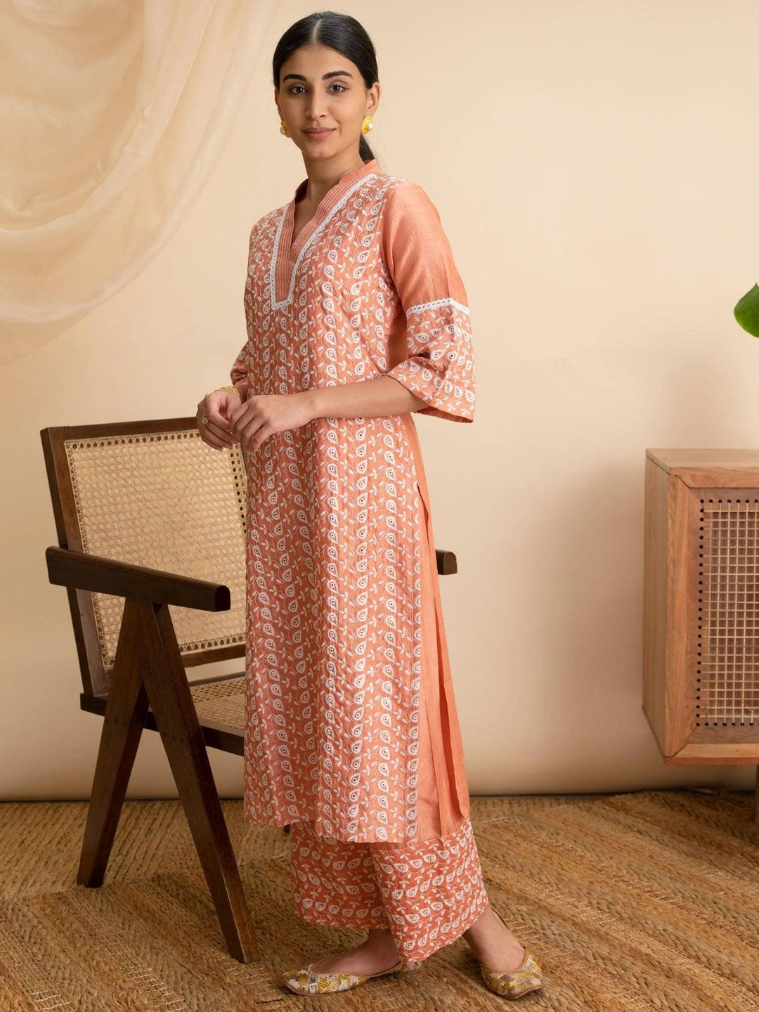 Peach Embroidered Silk Kurta - ShopLibas