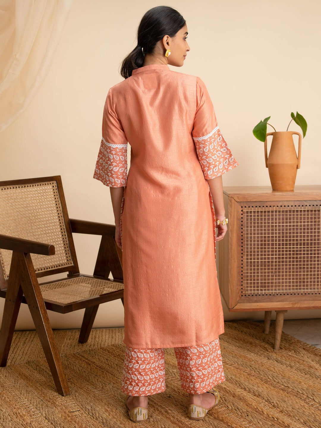 Peach Embroidered Silk Kurta - ShopLibas