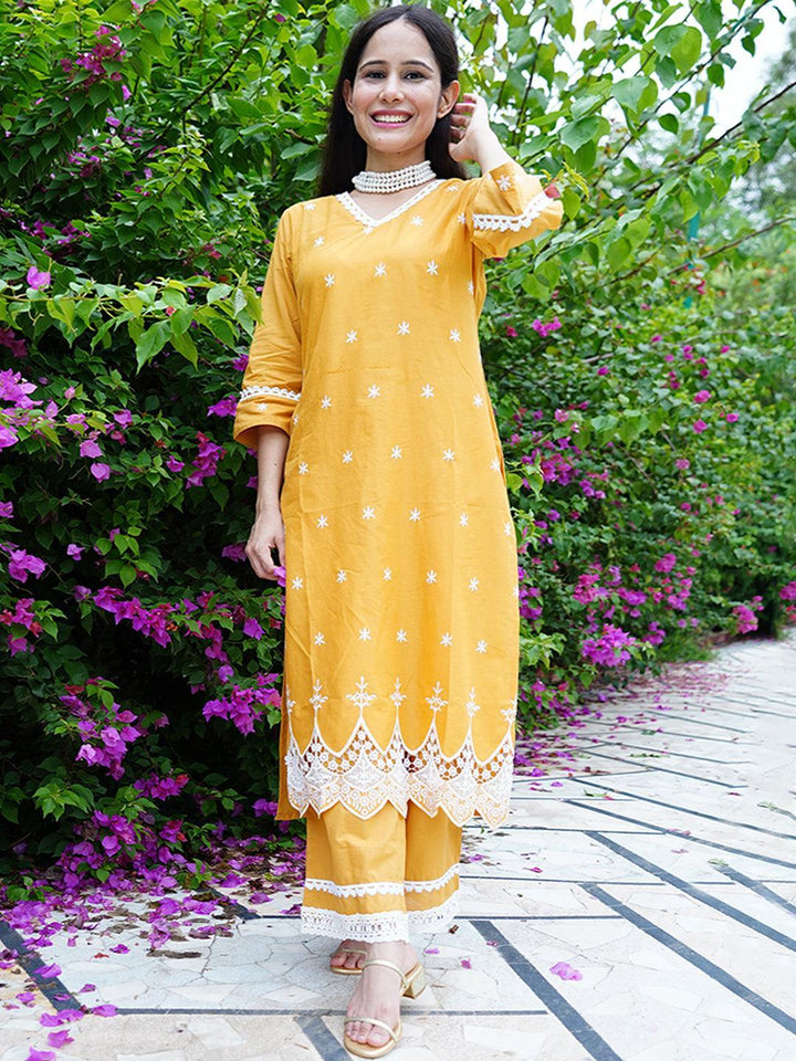 Yellow Embroidered Cotton Kurta