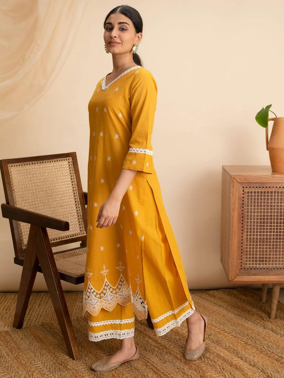 Yellow Embroidered Cotton Kurta - ShopLibas