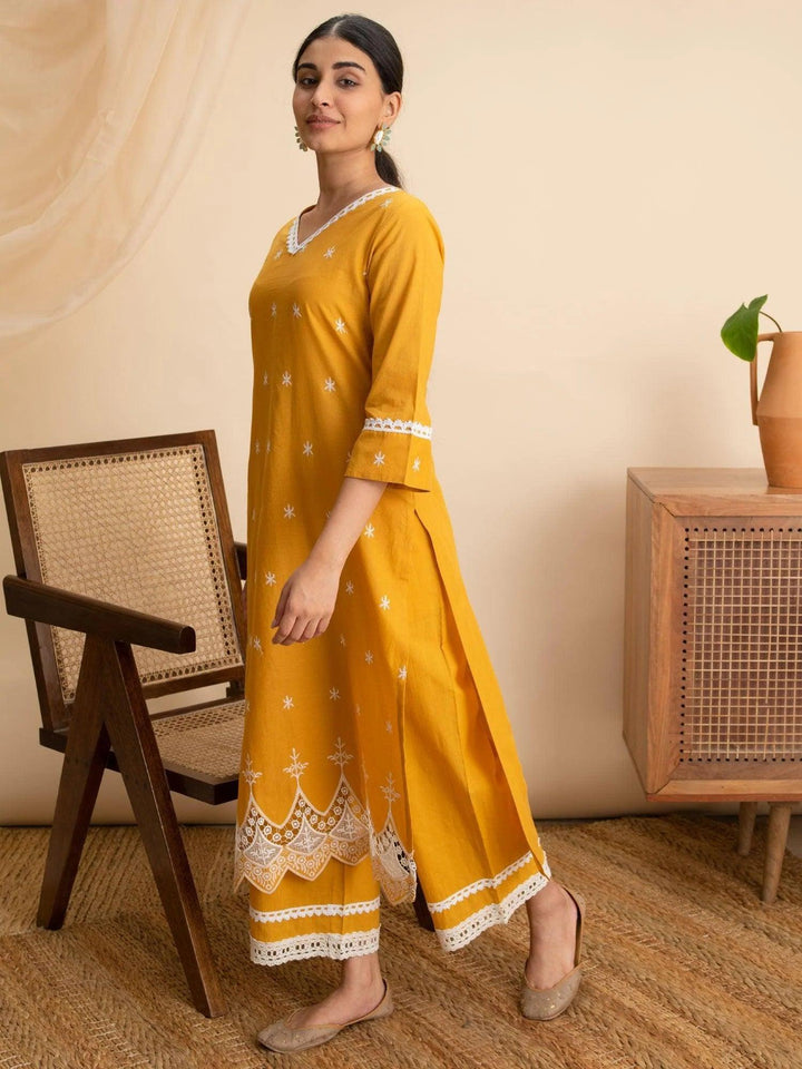 Yellow Embroidered Cotton Kurta