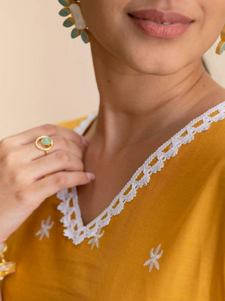 Yellow Embroidered Cotton Kurta