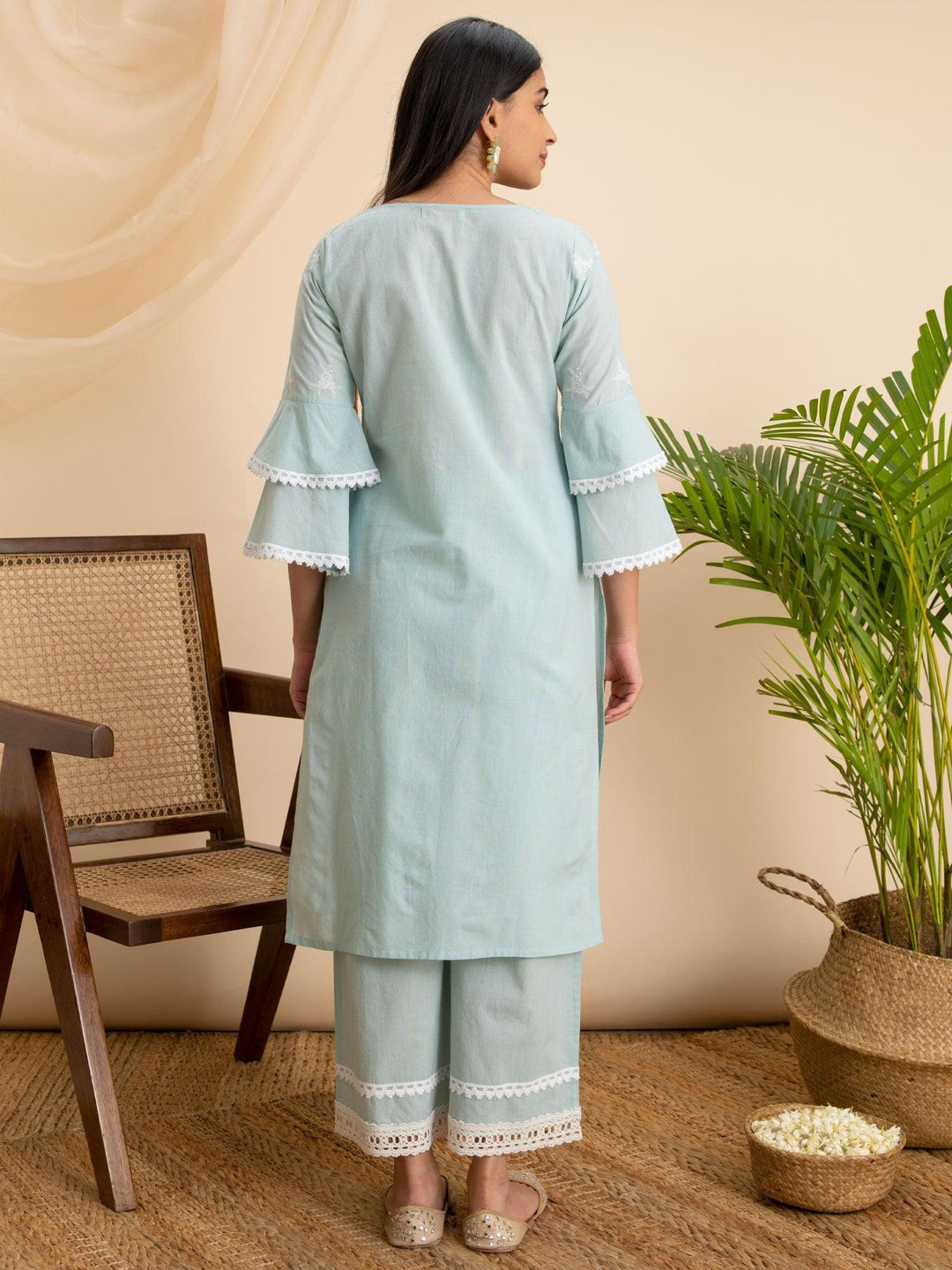 Blue Embroidered Cotton Kurta - ShopLibas