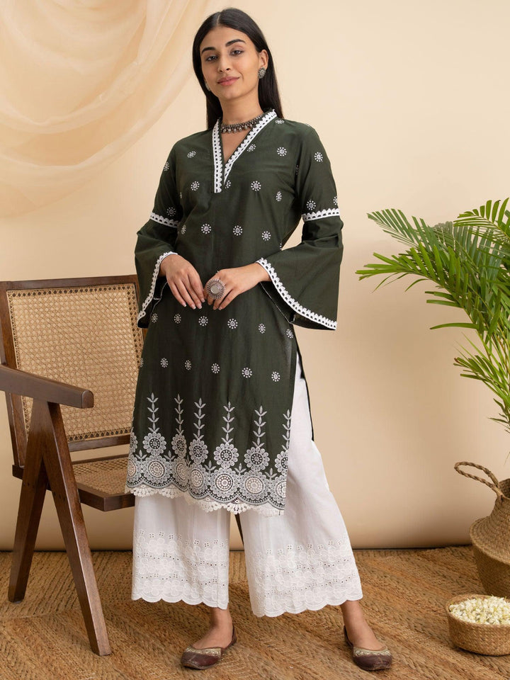 Olive Embroidered Cotton Kurta