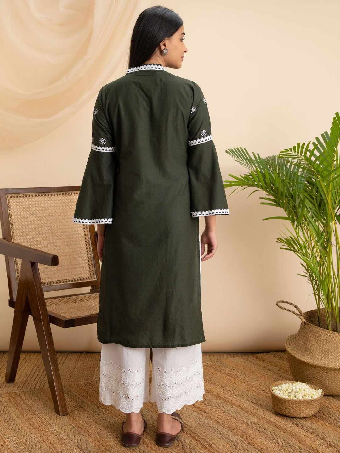Olive Embroidered Cotton Kurta - ShopLibas