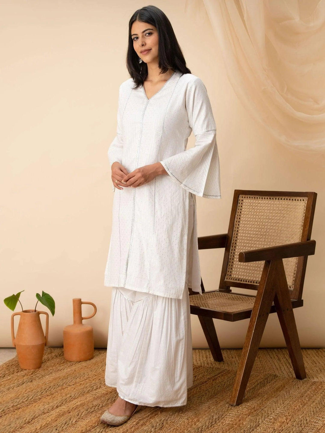 White Woven Design Cotton Kurta - ShopLibas